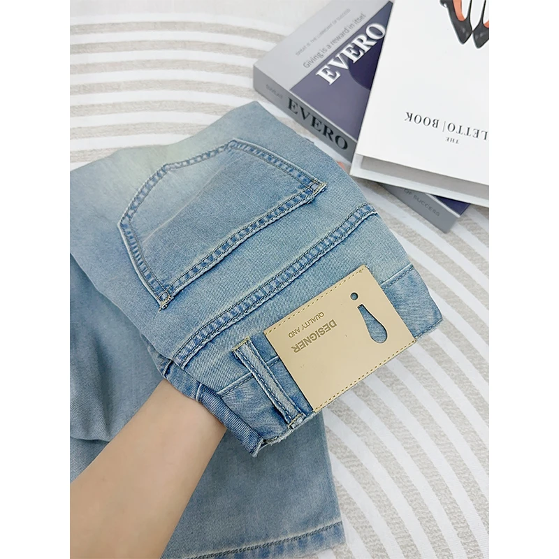 浅蓝莱赛尔天丝高腰直筒牛仔裤女夏季薄款设计感宽松显瘦阔腿裤