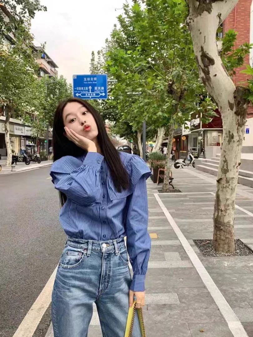 春季新款成熟御姐风别致上衣法式荷叶边蓝色条纹衬衫女#YTW2356