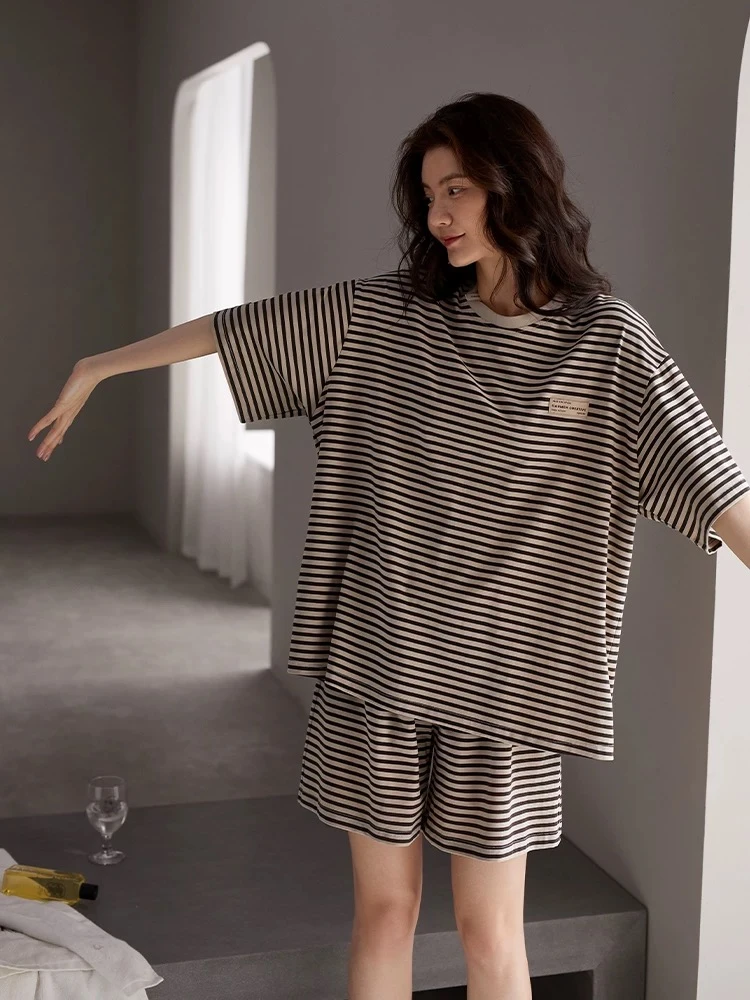 夏季新款女士短袖短裤纯棉休闲宽松运动套装时尚睡衣可外穿家居服