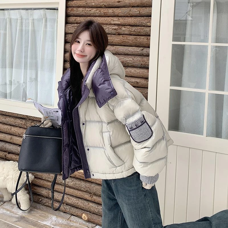 撞色拼接短款连帽羽绒服女冬季2024新款韩系面包服90白鸭绒厚外套