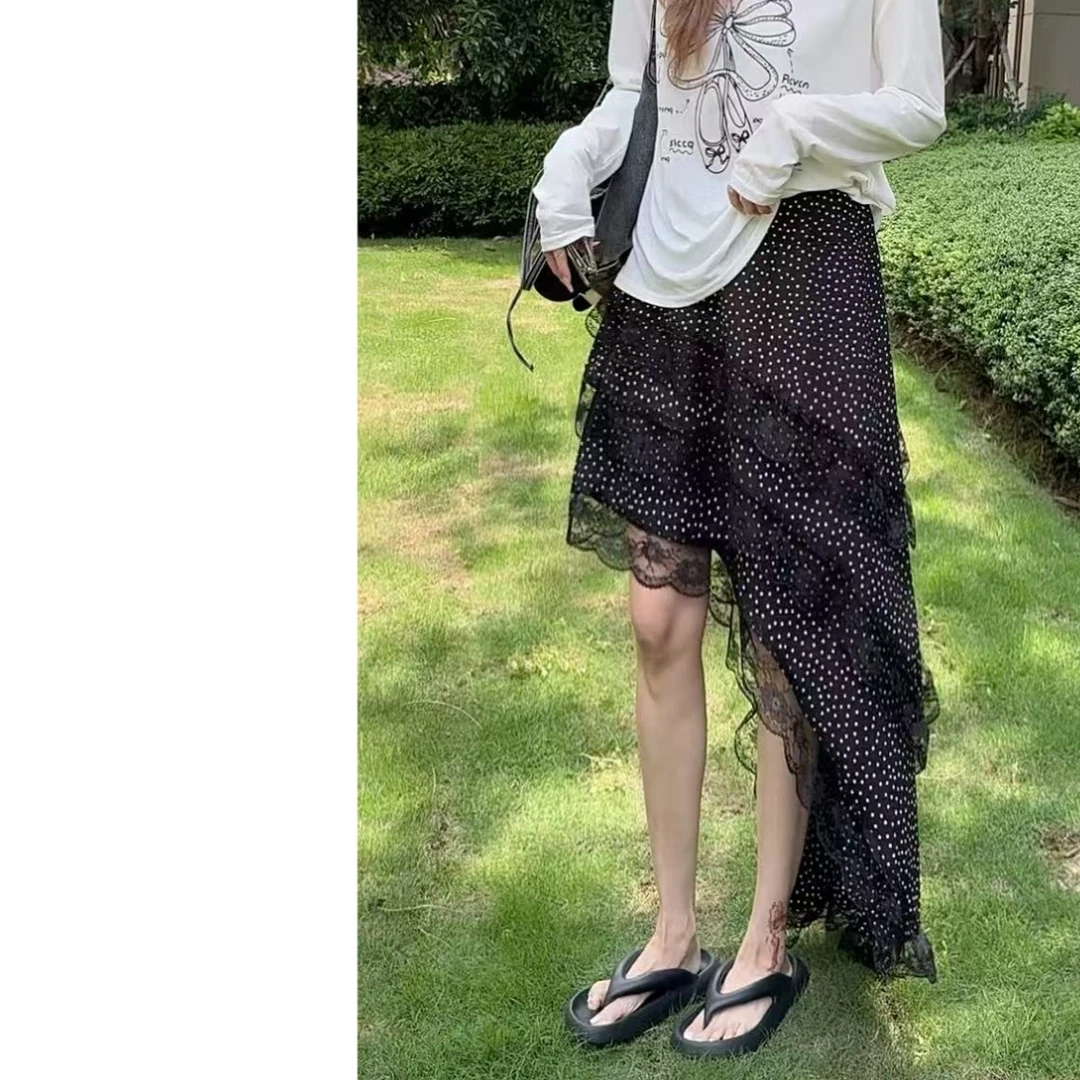 墨迹姐高个子加长“波点雪纺”半身不规则斜边长裙女