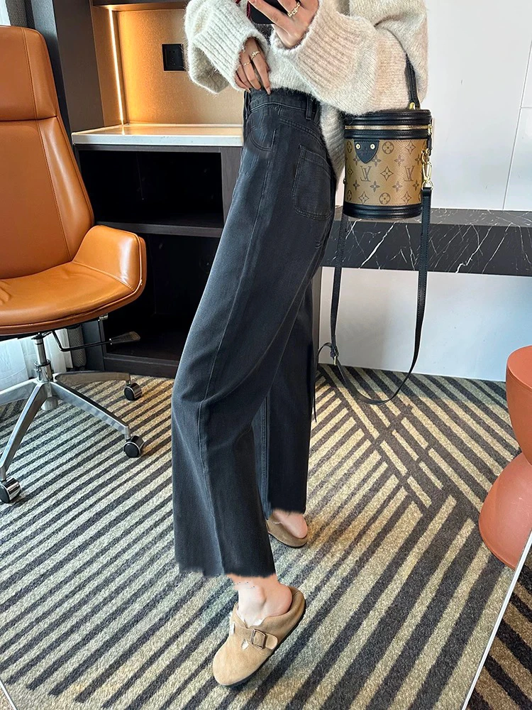 小个子阔腿牛仔裤女春秋季显高显瘦宽松九分直筒裤子