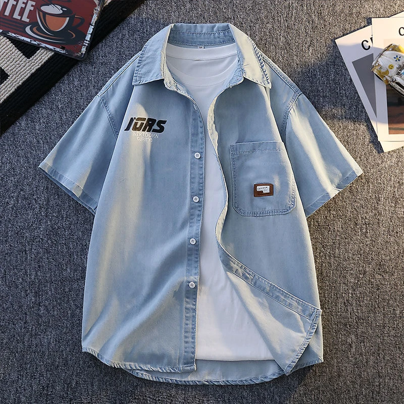 青少年学生美式牛仔短袖衬衫男夏季工装翻领薄款休闲宽松港风帅气