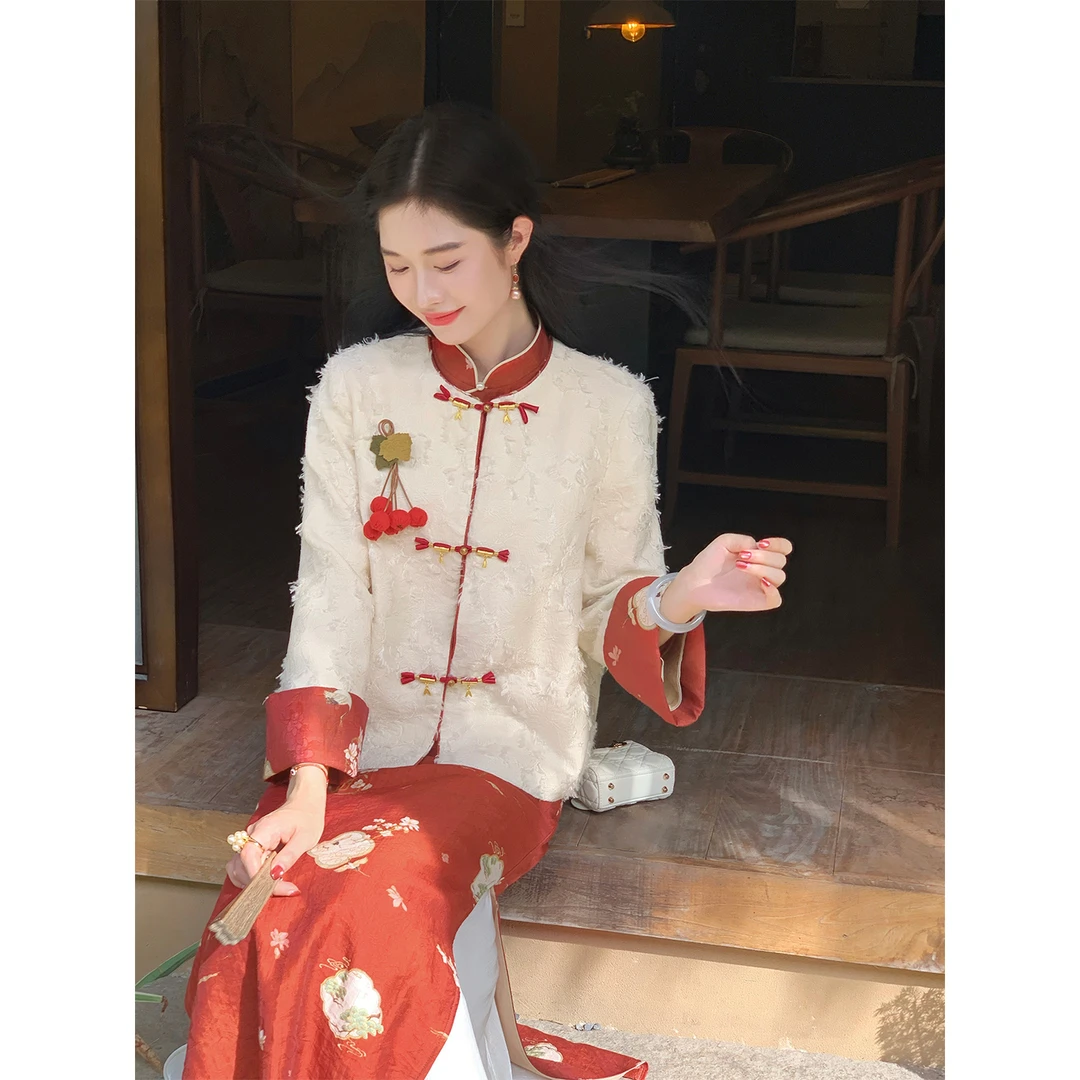 凌茜恣禾【绫言】国风新中式剪花拼接外女套复古气质百搭圆领上衣女