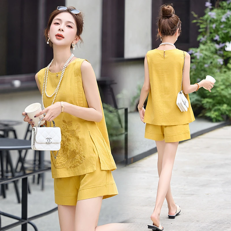 新中式国风复古刺绣套装女2025夏季新款慵懒风时尚气质短裤两件套