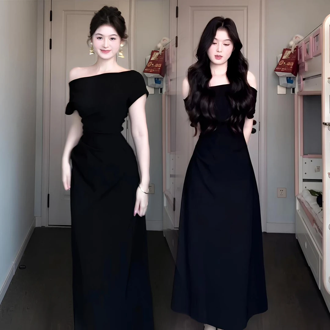 2025夏季新款大码女装露肩连衣裙胖妹妹气质显瘦设计感中长款裙子