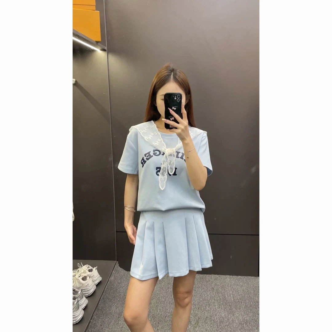 「韵味伊人」小个子定制 韩版字母印花收腰百褶裙两件套#YWYR919