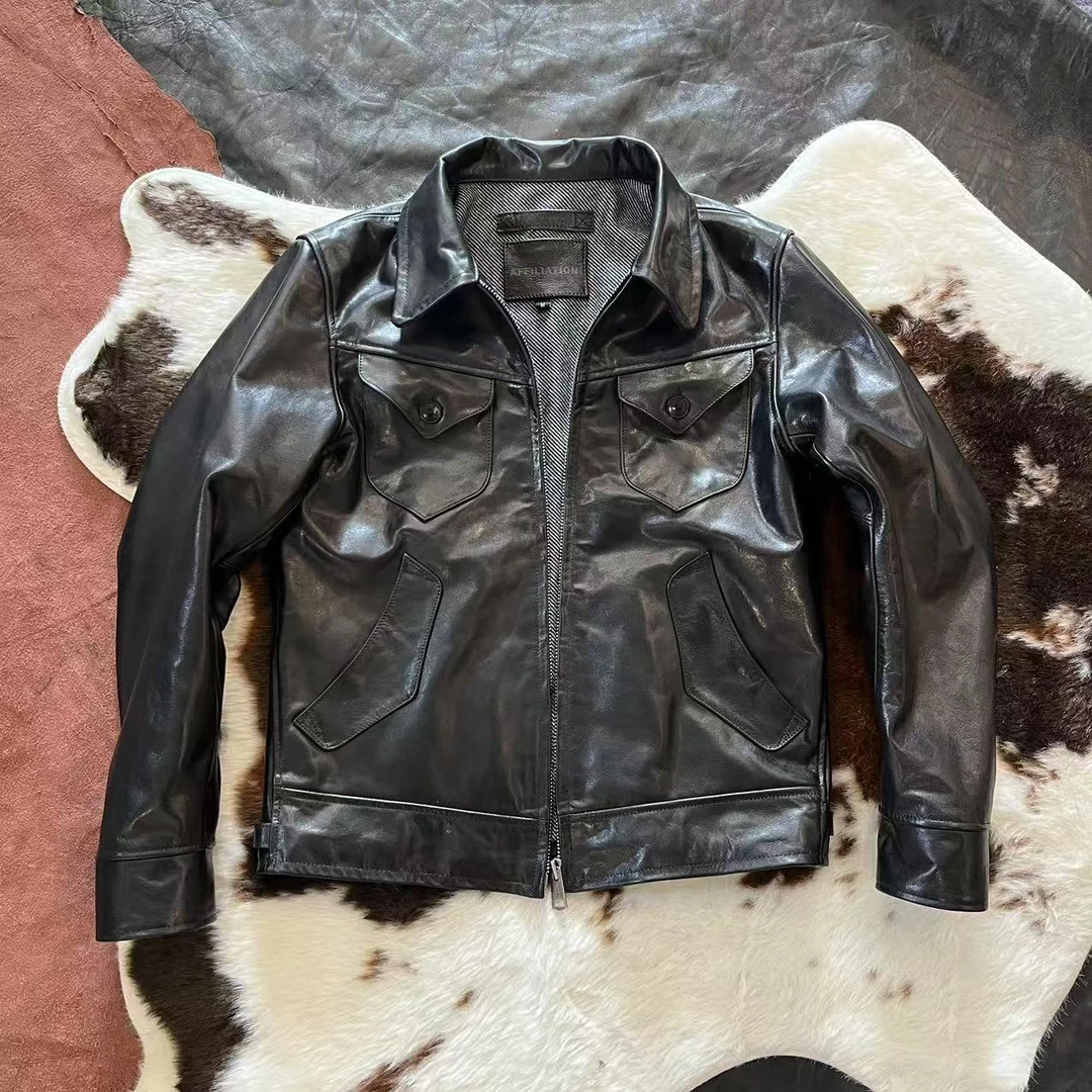 2403德华同款门多萨油蜡牛皮真皮外套翻领拉链复古机车夹克春季