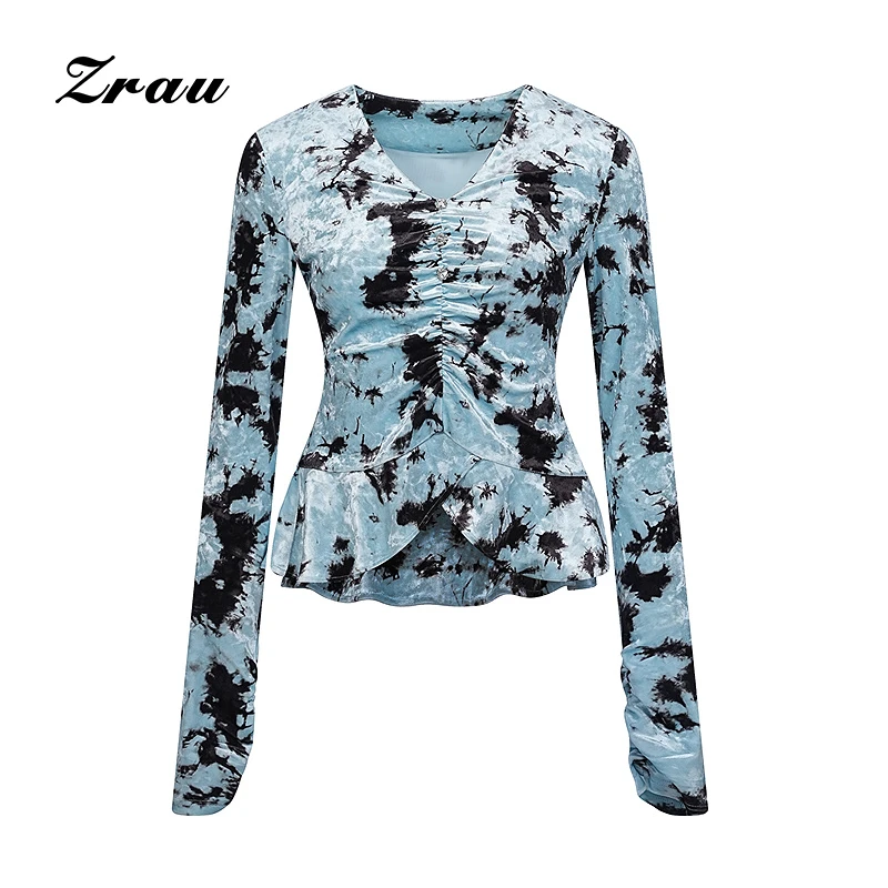 【达人专属】ZRAU设计感晕染抽褶V领长袖上衣Z1244A0005