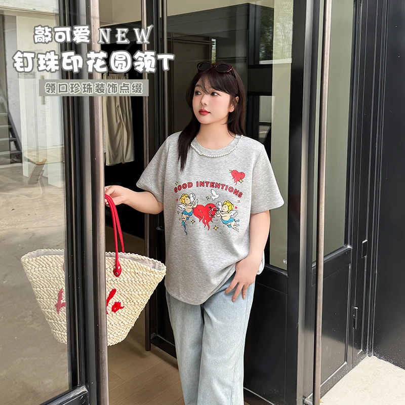 【霏霏专属】25年春夏新款大码女装胖妹妹时尚钉珠印花圆领T-Y-262