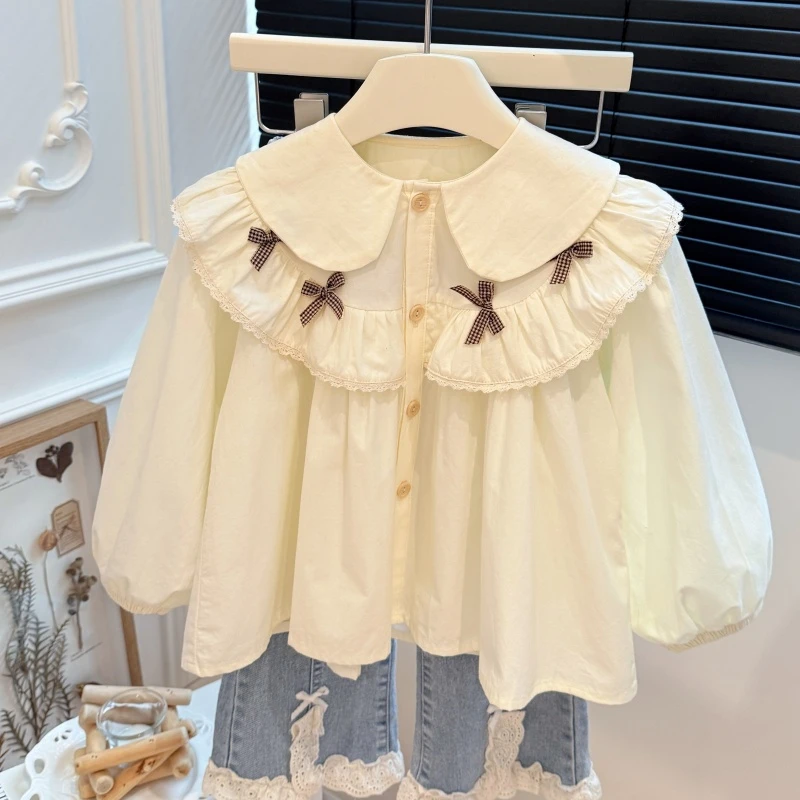 春秋新款女童衬衫蝴蝶结花边衬衫女宝宝新潮时尚洋气欧若风童装