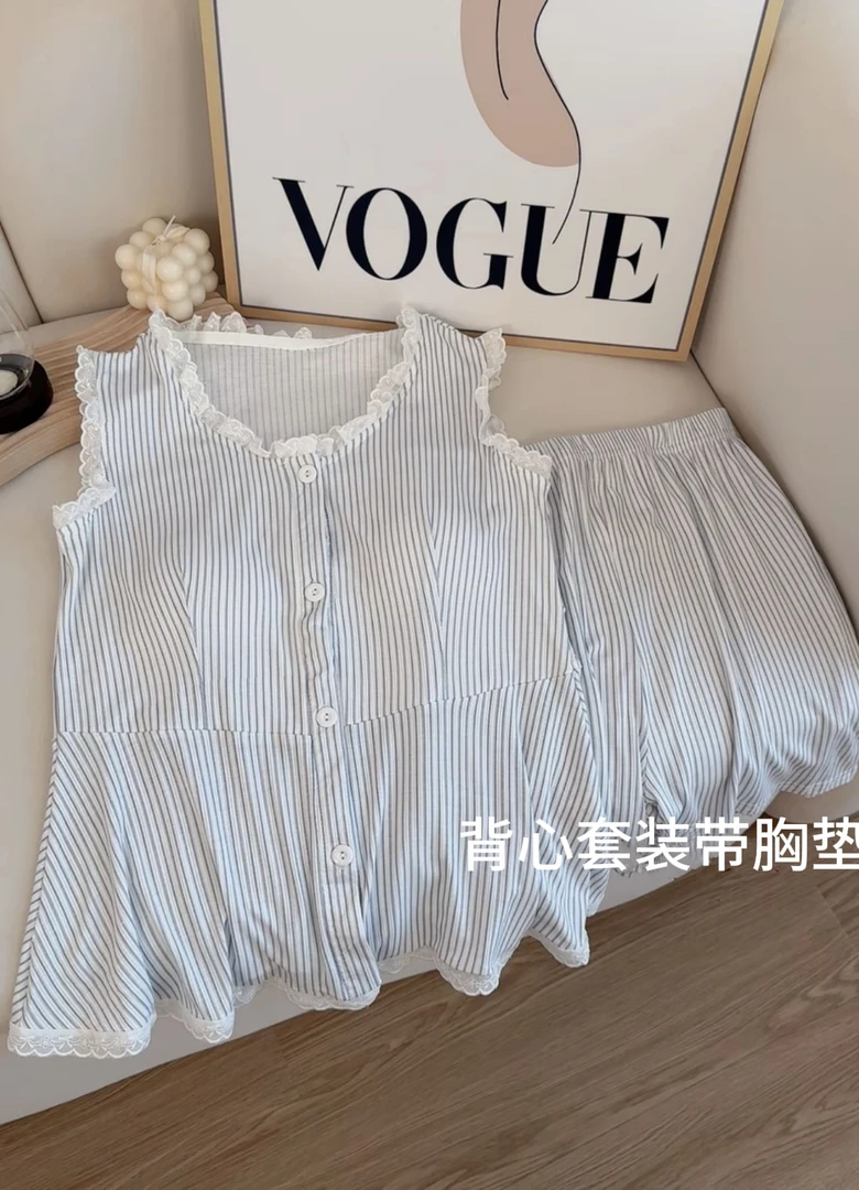 莫代尔睡衣带胸垫韩系蓝色纯欲蕾丝吊带短裤女夏季可外穿家居服