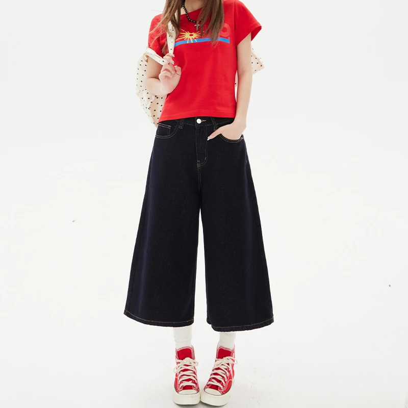 美式复古深蓝阔腿牛仔裤女秋季新款潮流宽松显瘦百搭七分直筒短裤