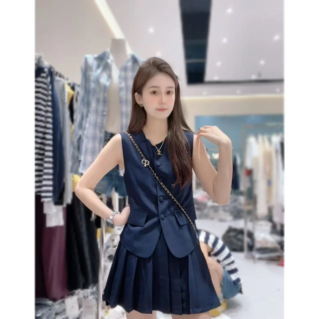 【三懿服饰】小香风无袖套装马甲百褶短裙套装时尚两件套1866