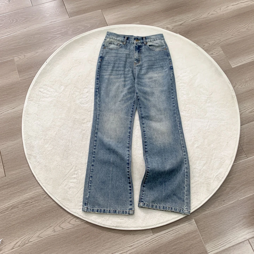 646版型冰蓝水洗猫须Vintage复古休闲直筒微喇高腰牛仔裤显瘦