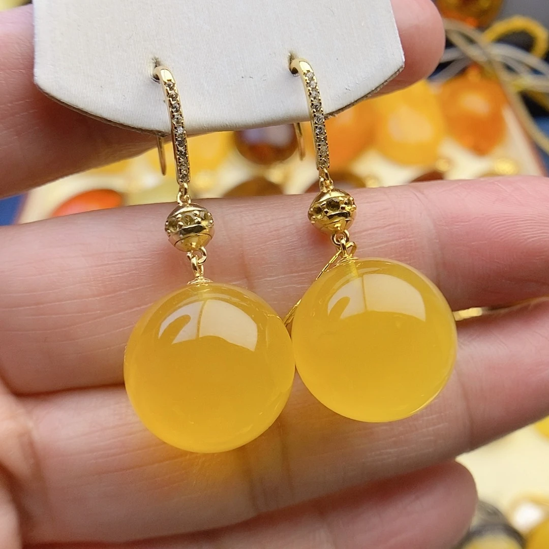 银S925镀金镶嵌琥珀耳饰静****好