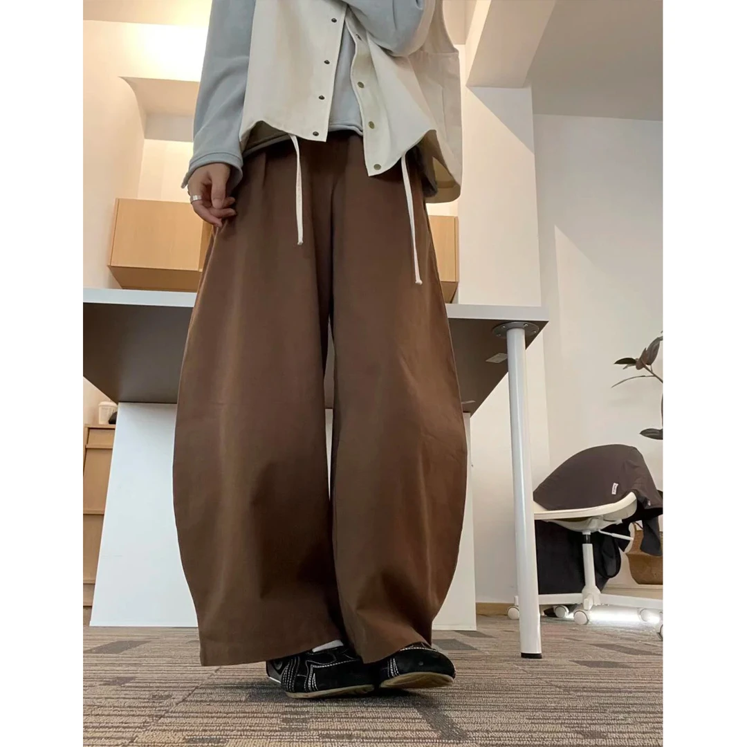 咖色工装九分阔腿裤女秋季大码胖mm梨型身材小个子显瘦弯刀休闲裤