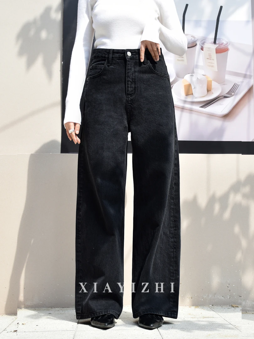 夏一制秋季显瘦宽松直筒阔腿黑牛仔裤女休闲百搭水洗中高腰长裤子