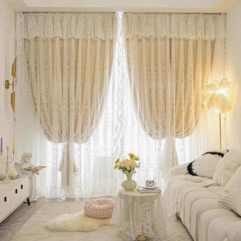 女孩房间法式蕾丝沙窗帘双层带纱公主风浪漫卧室少女遮光2025新款