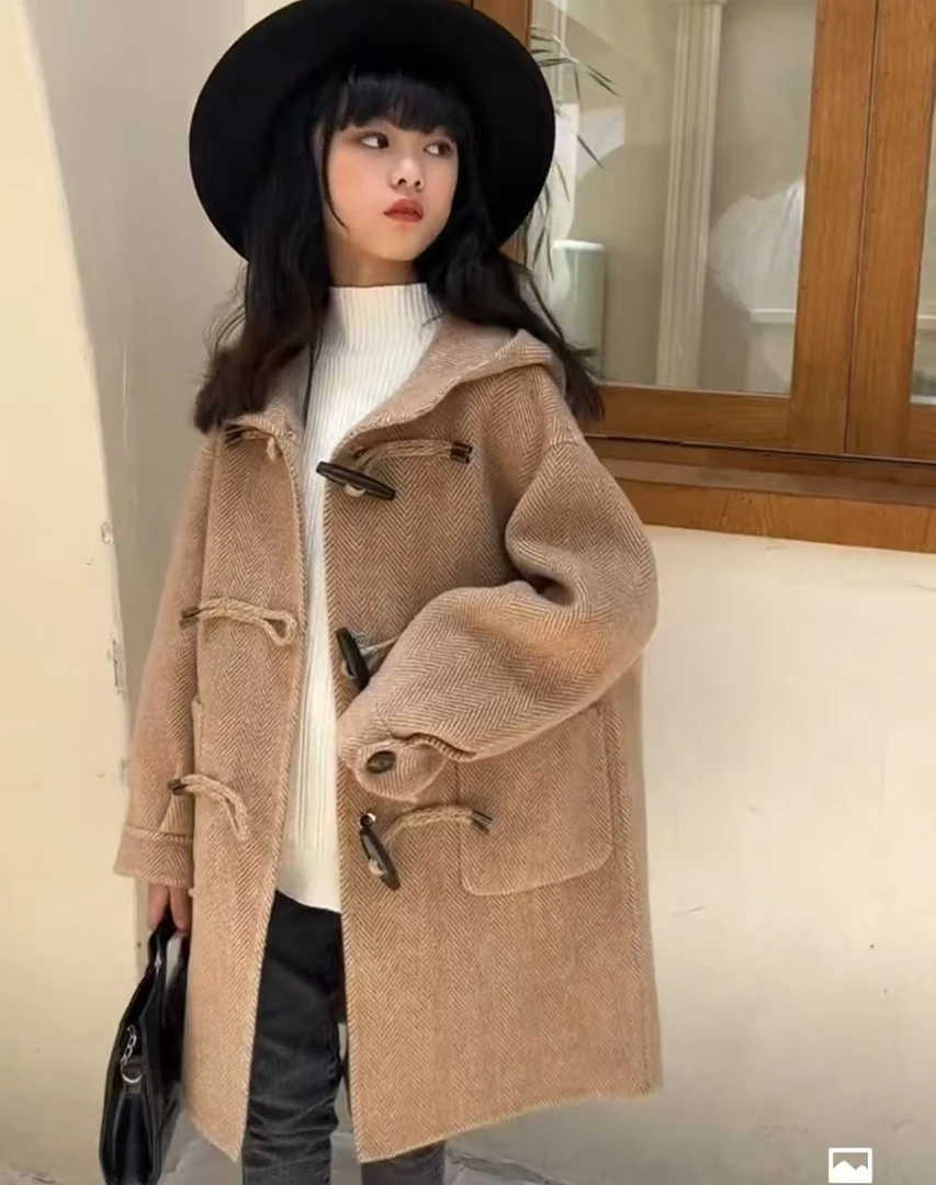 驼色斜纹羊毛韩版气质休闲款大气中长款双面羊毛大衣