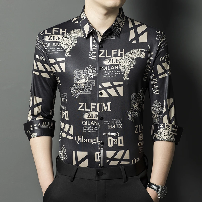 无痕男士长袖衬衫高档提花免烫冰丝春秋季薄款上衣时尚【衬衫男】