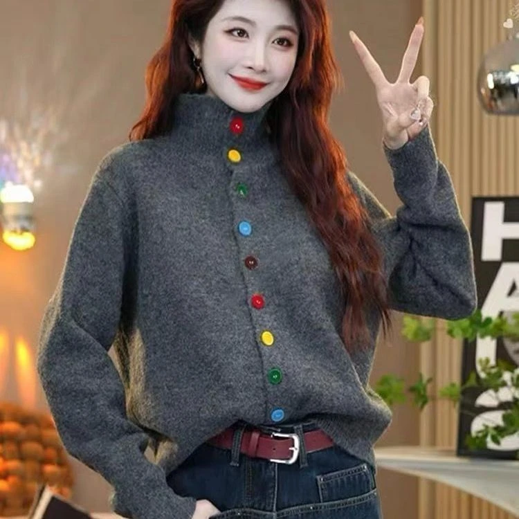 韩系时尚气质简约立领彩色扣子毛衣女设计感小众针织开衫休闲百搭