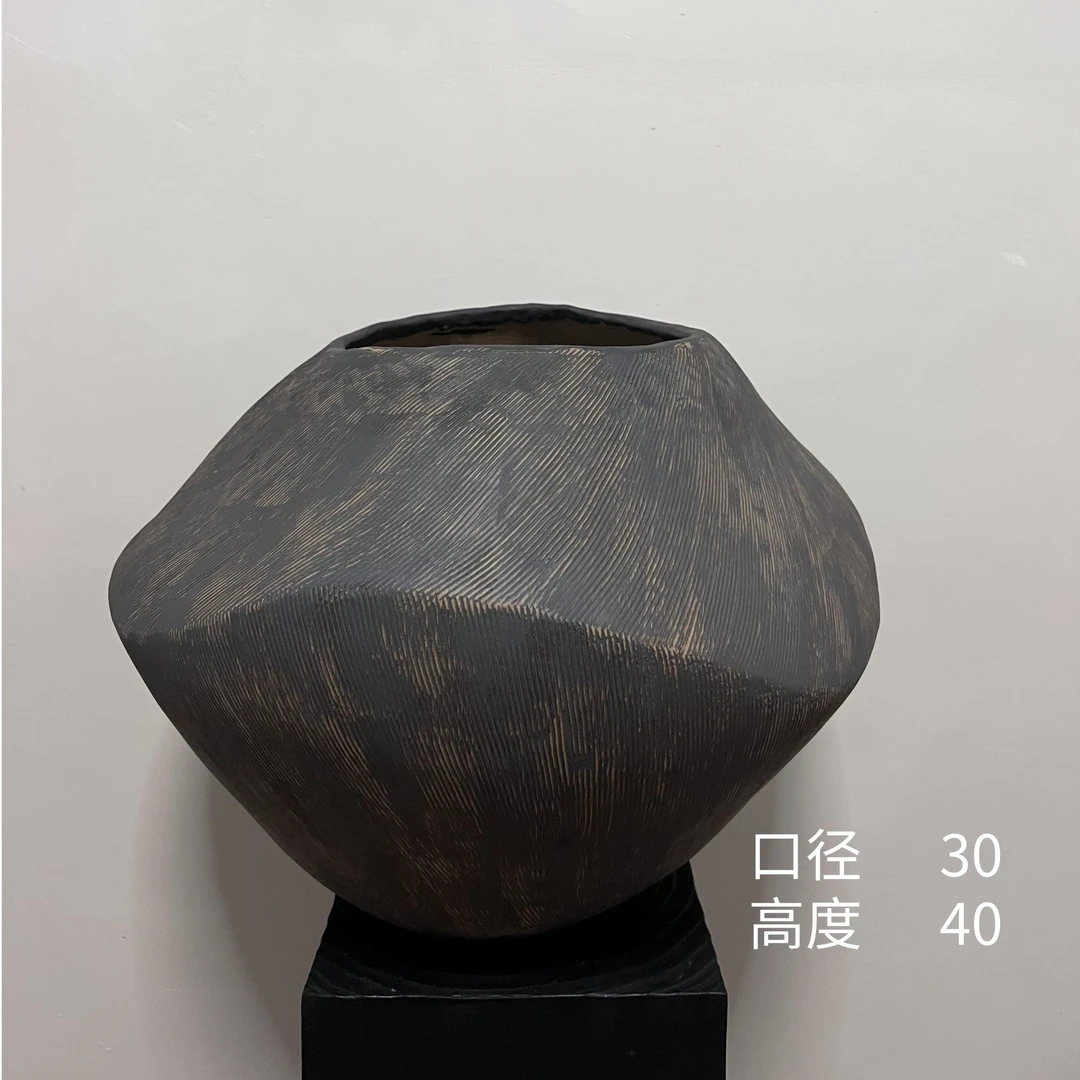 景德镇高温手工陶瓷口径30高40粗陶复古汝窑纯手工雕刻精美手捏