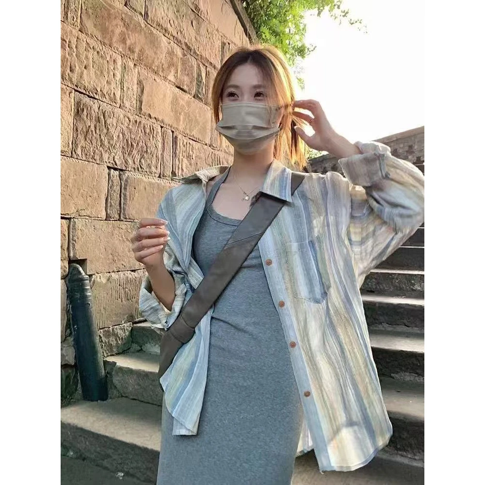 【现货送运费险】夏季薄款复古条纹衬衫女宽松防晒衫外搭宽松上衣