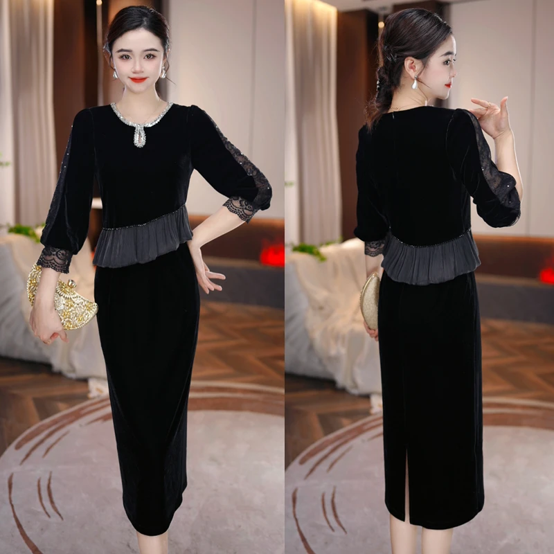 8【月影丝绒】2025秋季新款收腰显瘦洋气减龄轻奢女人味黑色连衣裙