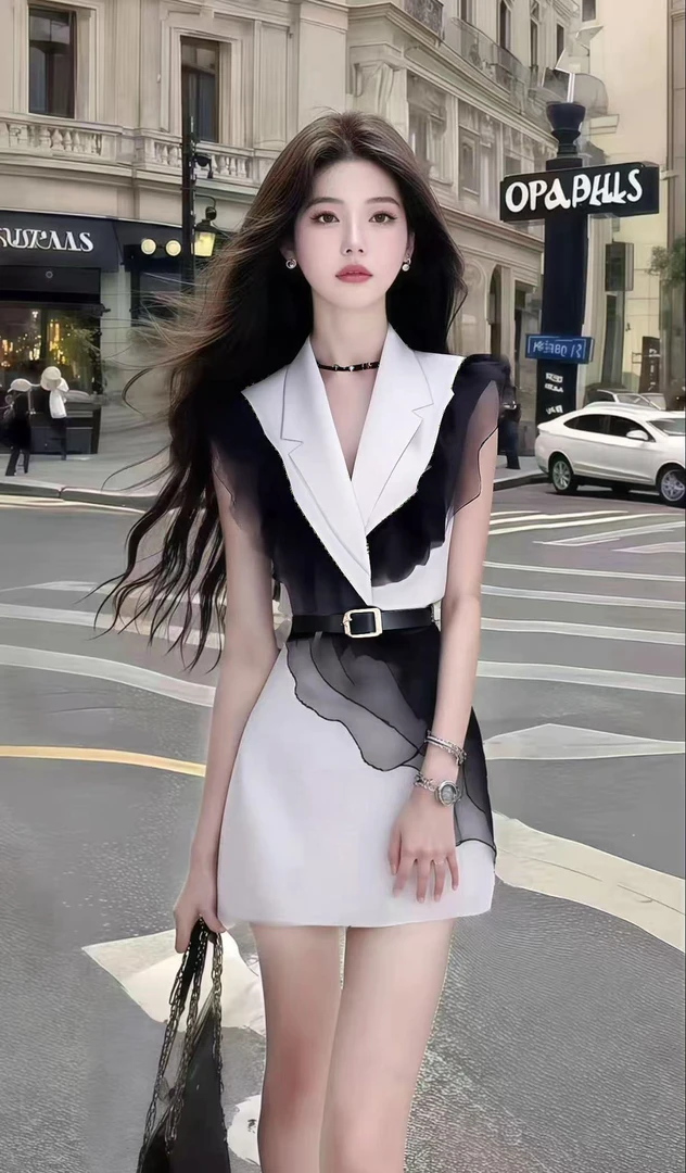 轻奢时尚气质拼接V领修身收腰不规则设计感连衣裙女显瘦百搭小众