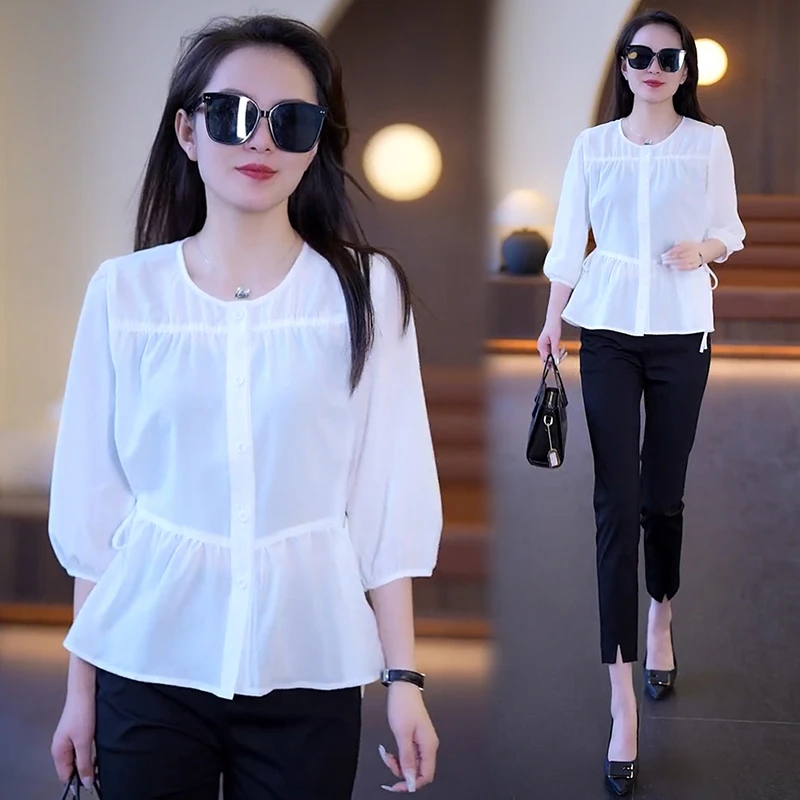 设计感收腰系带气质衬衫女时尚洋气2025年夏季新款七分袖显瘦上衣