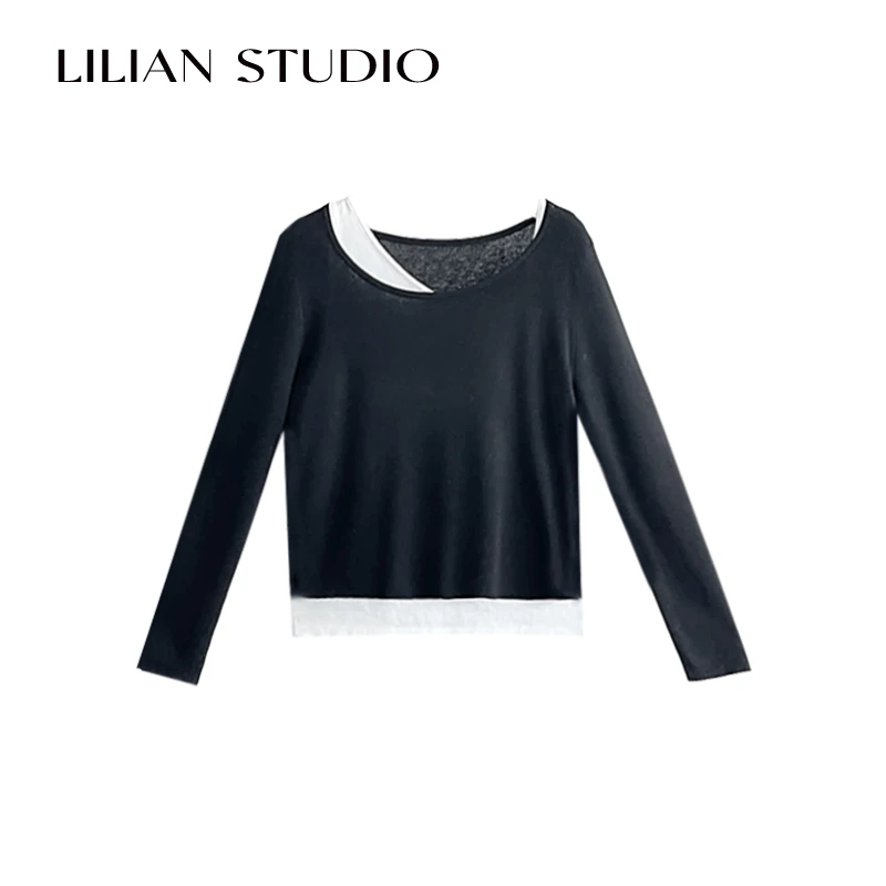 莉莉LIlian25春 假两件不规则设计感针织衫圆领长袖套头上衣女