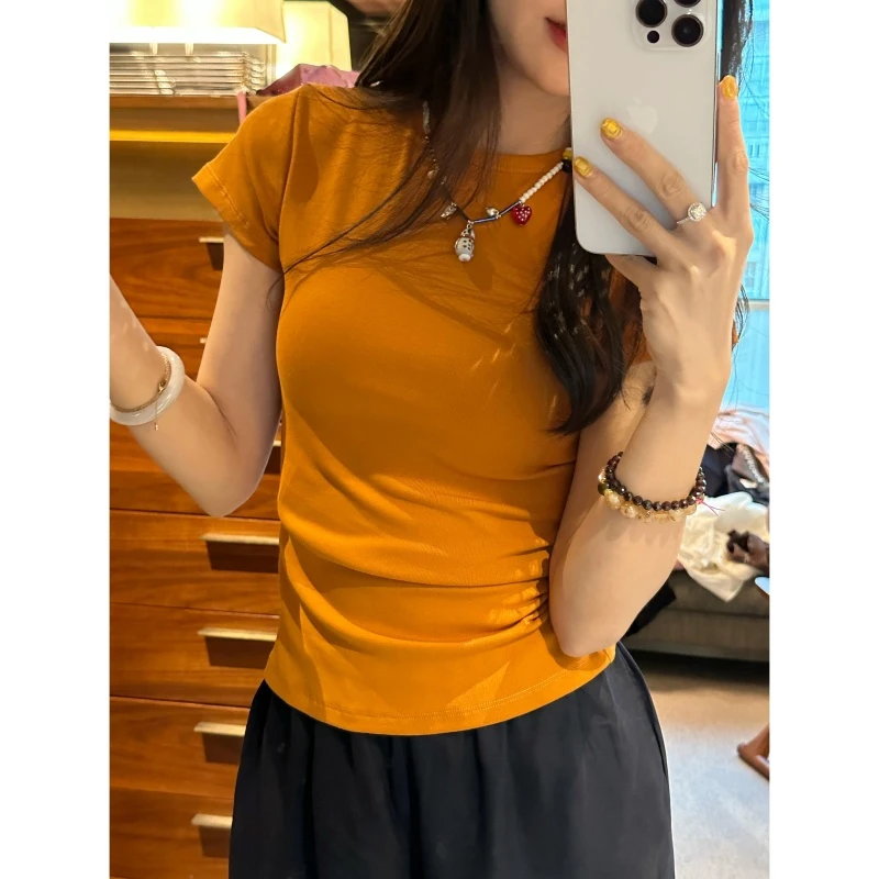 【显白简约T】纯色T恤正肩不露肚子收腰t恤紧身ins小众-DX2025802