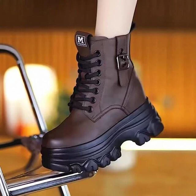 真皮复古厚底马丁靴女2024年新款冬季加绒小个子内增高英伦风短靴