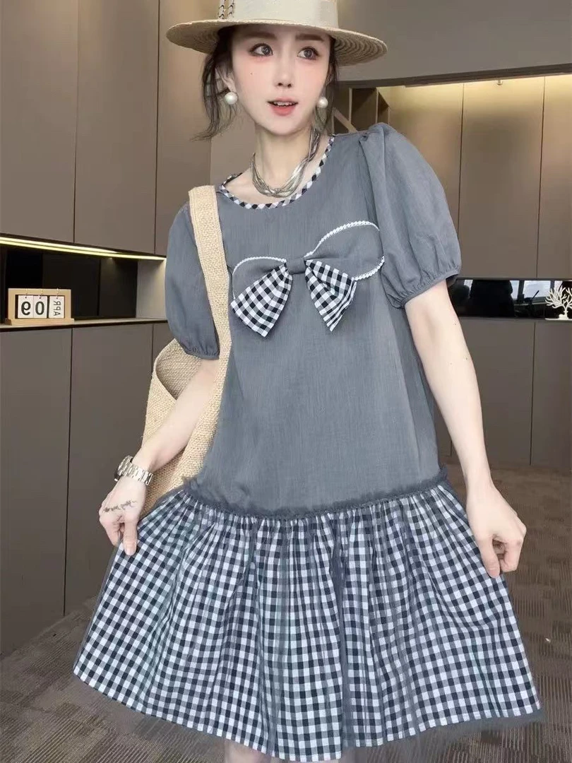 【BAI】蝴蝶结短袖连衣裙女夏新款网纱格子拼接下摆1308