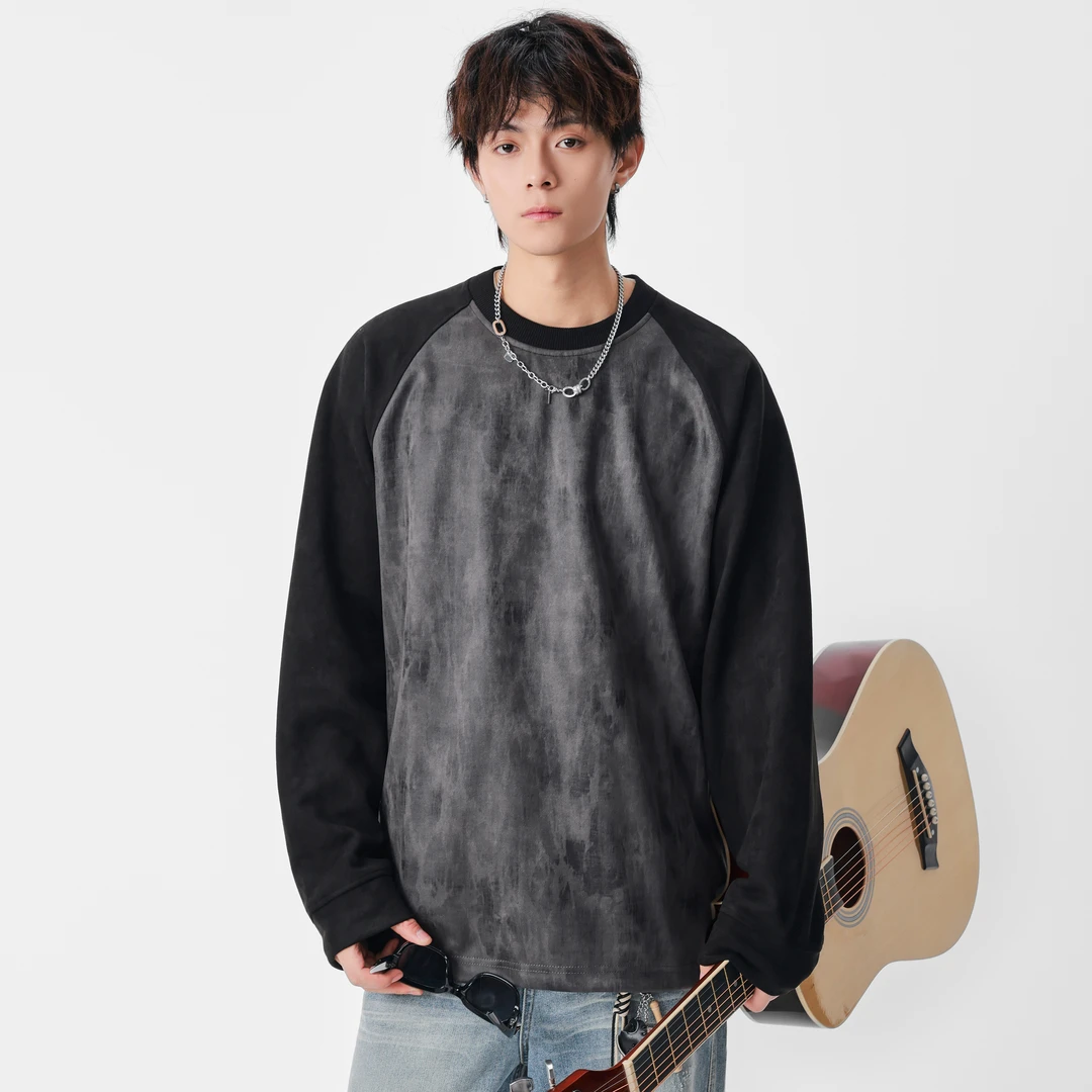 美式重磅拼色长袖T恤男春秋季宽松扎染圆领痞帅慵懒风男装打底衫