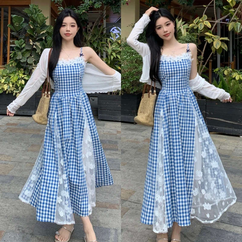 【运费补贴】夏季肖夫人海底信筏格子蕾丝显白显瘦碎花吊带连衣裙