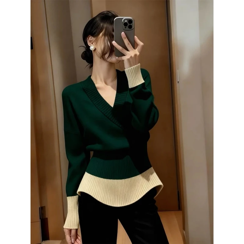 高级感超好看气质撞色软糯毛衣女装2025秋冬新款掐腰漂亮针织上衣