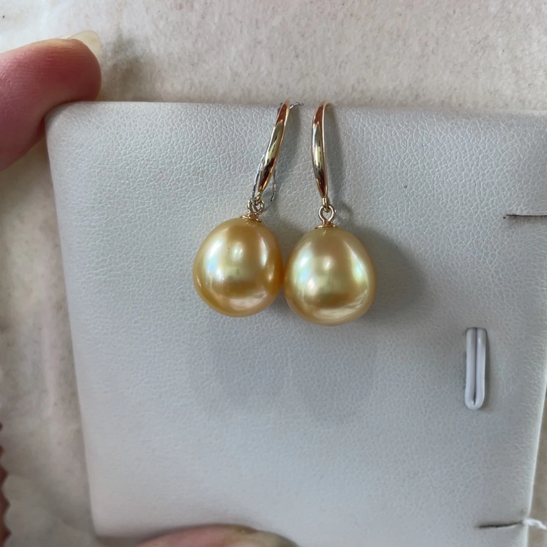 银S925镶嵌耳饰海水珍珠南洋金珠11-12m m