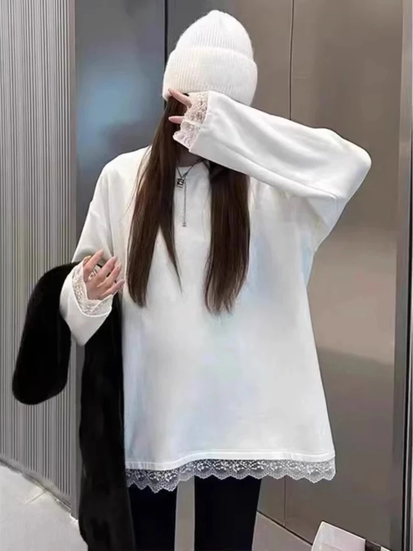 【蕾丝边边】2025春季新款 常规款 蕾丝边T恤 百搭圆领时尚休闲