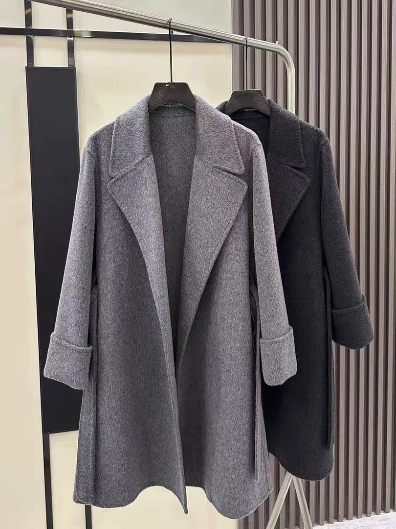 韩系高级感双面羊绒大衣中长款西装领系腰带收腰显瘦羊毛呢外套女
