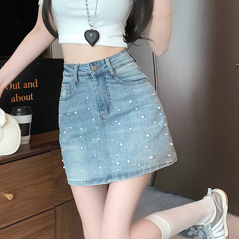 重工烫钻设计感牛仔半身裙女2025夏季新款高腰显瘦a字包臀短裙潮