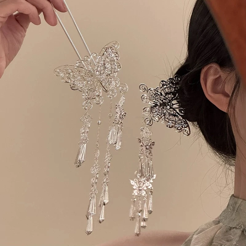 188重工国风发簪流苏刘海长流苏个性蝴蝶双层发簪u型发髻古风