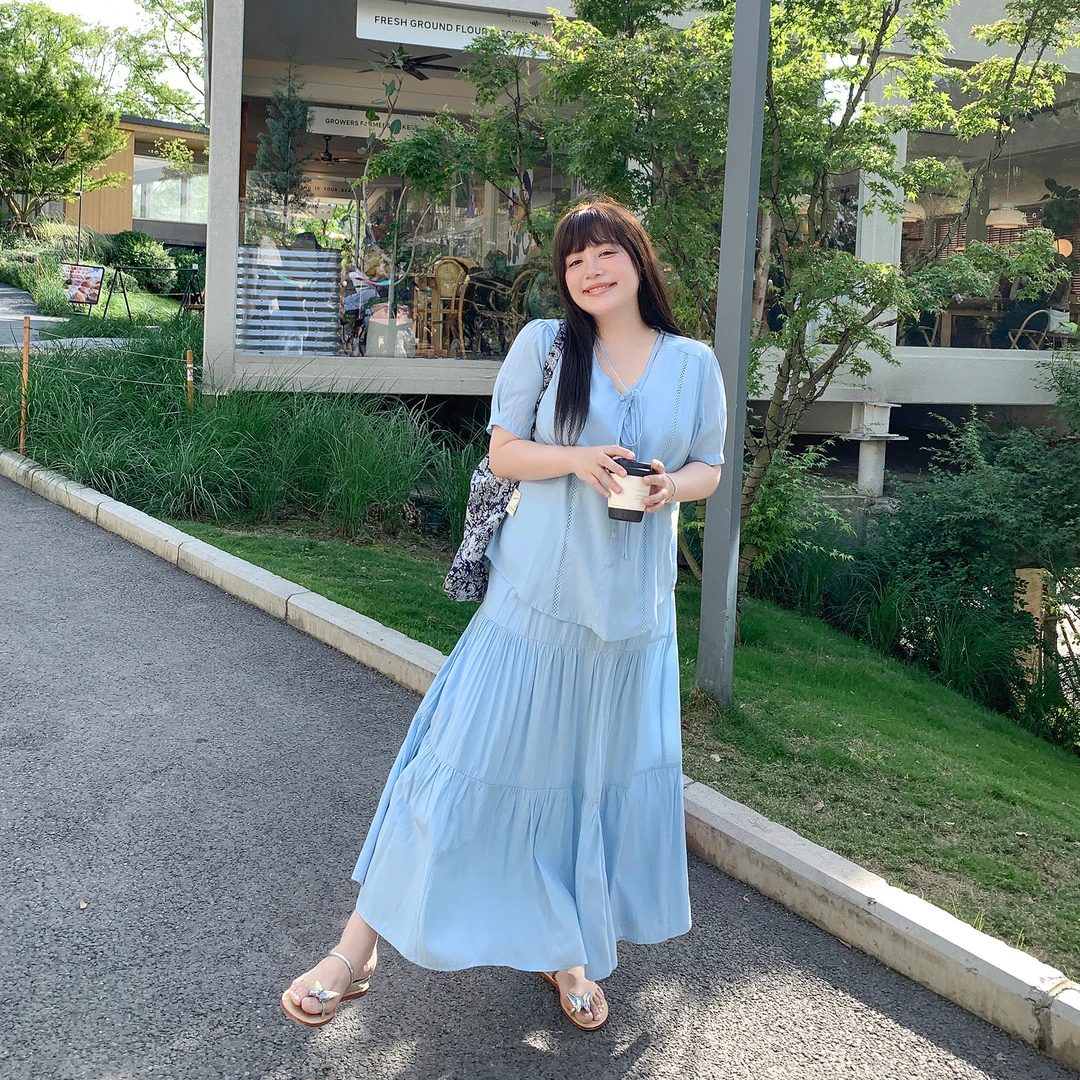 肉肉小姐大码女装夏季新品凉爽肌肤感显瘦短袖上衣半身裙两件套