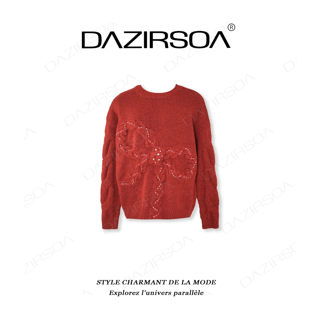 DAZIRSOA/达姿“新年氛围”时尚百搭拼接蝴蝶结洋气毛衣 W799