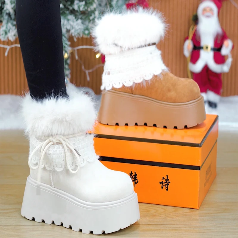 8cm可爱花边厚底毛毛雪地靴女潮2025冬季新款加绒保暖短靴毛毛靴