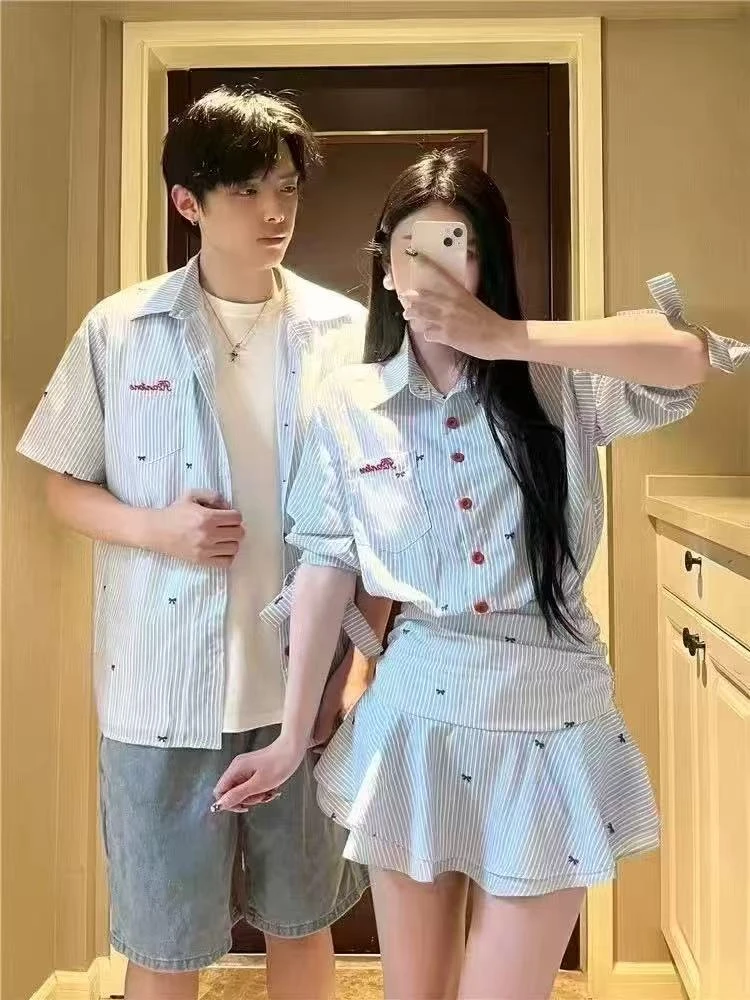 情侣装夏季学院风潮流条纹收腰显瘦女连衣裙男短袖衬衫一裙一衣