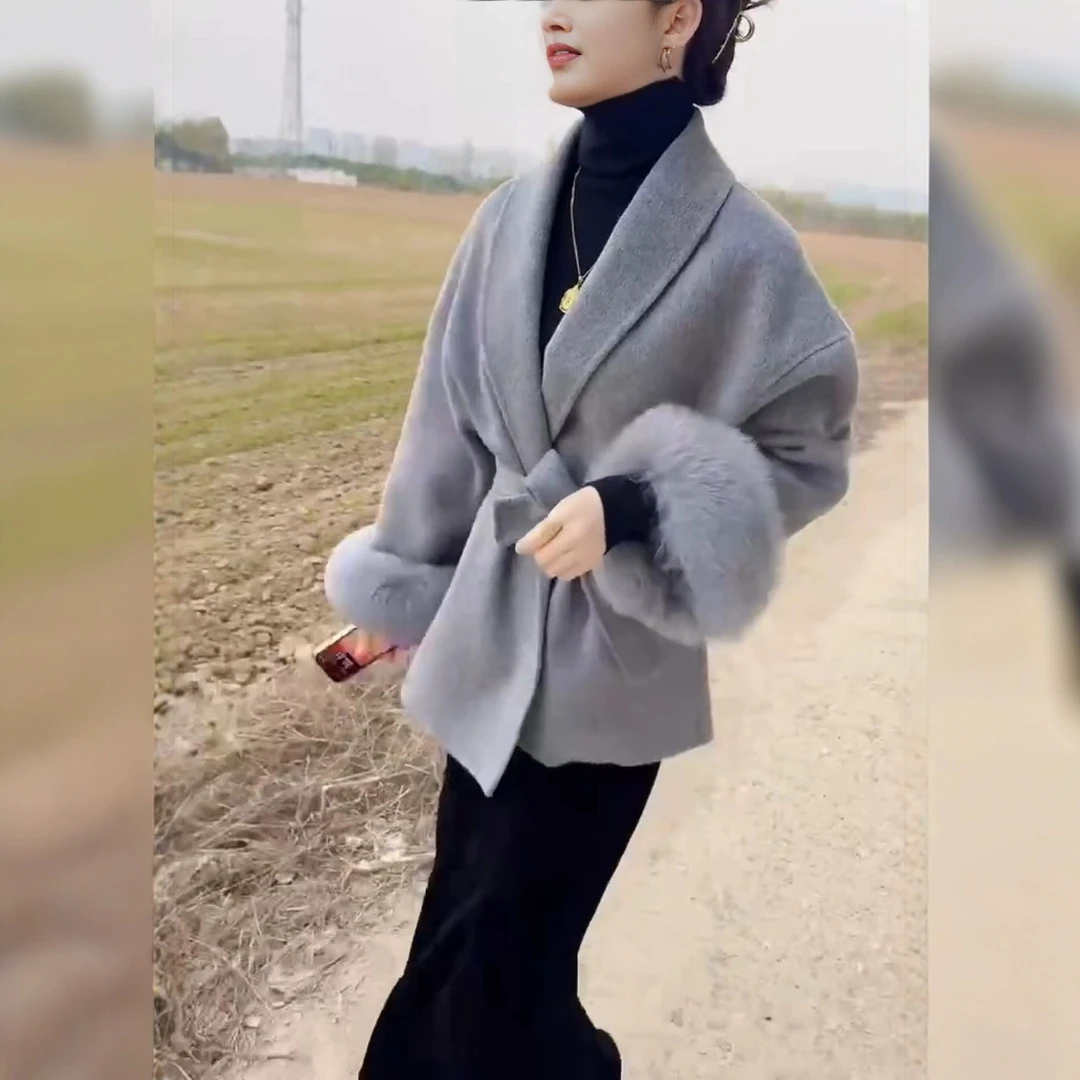 灰色毛呢小个子秋冬收腰外套女2025新款时尚洋气休闲百搭外套