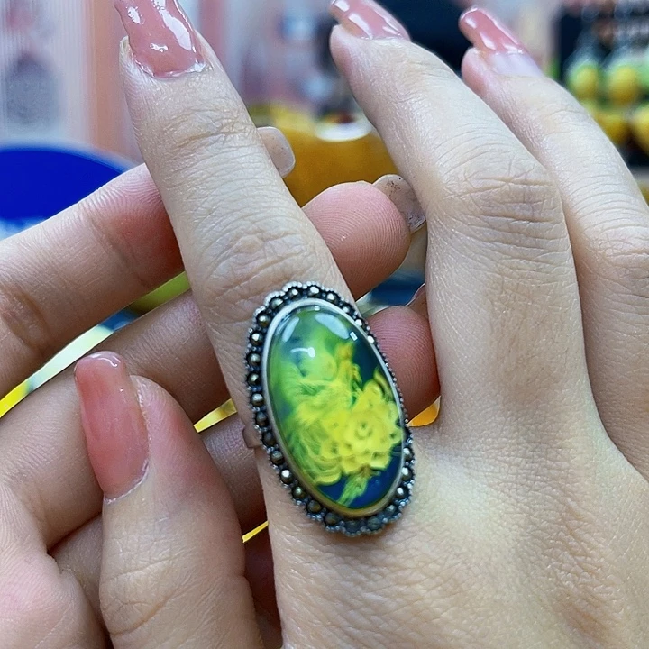 蜜蜡银S925镶嵌裸石戒指