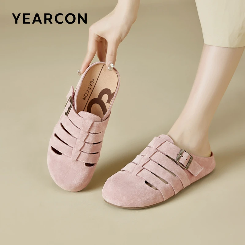 意尔康平底中口百搭真皮穆勒鞋圆头镂空胶粘防滑凉鞋一脚蹬女鞋